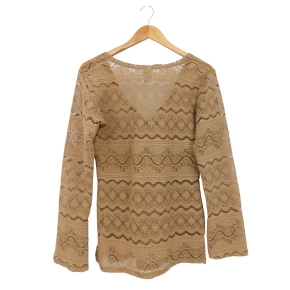 Luli Fama Lace Long Sleeve Cover Up Tunic Top Tan Beige Women's Small - Picture 2 of 5